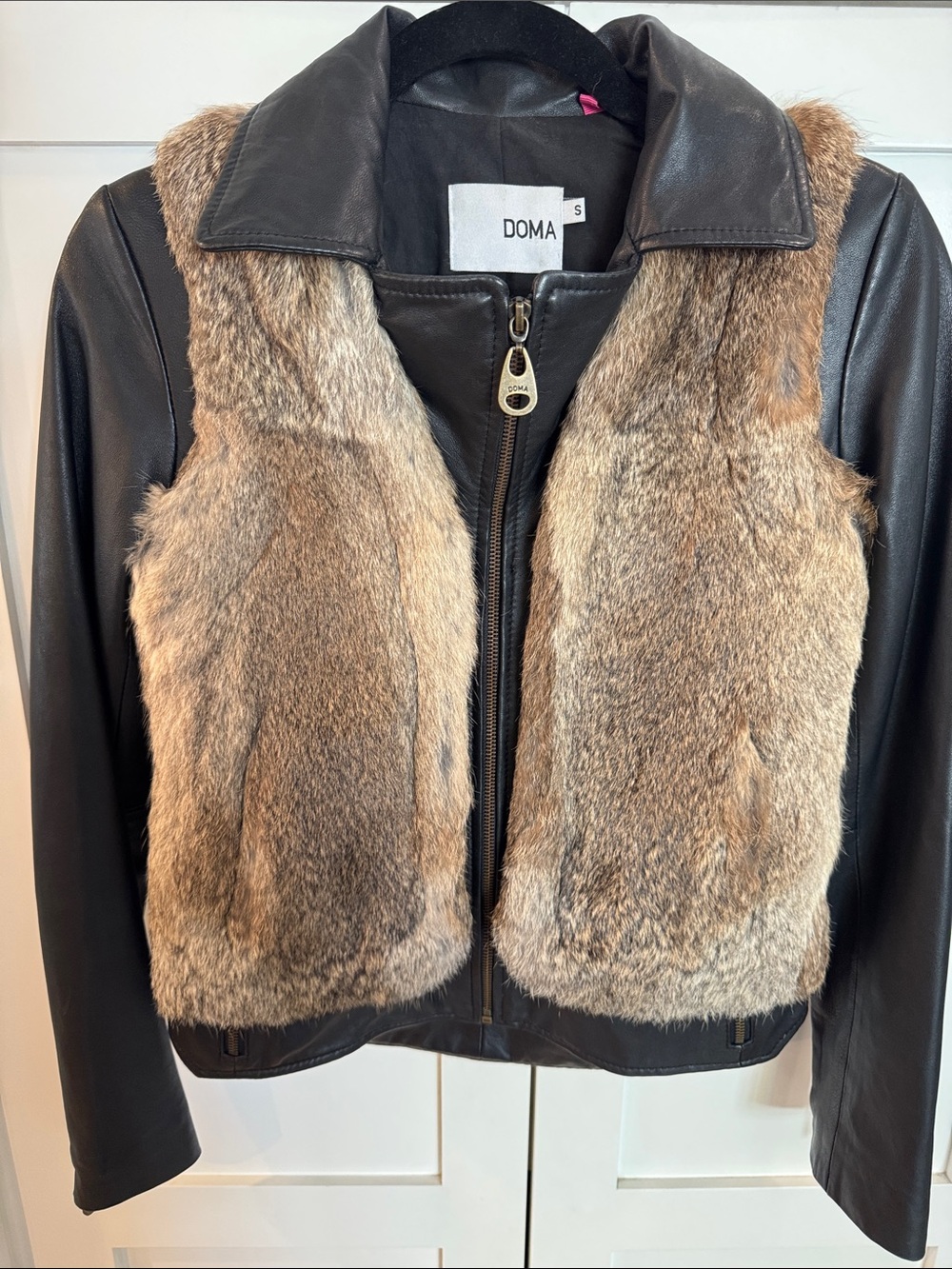 Doma Black Leather Jacket with Rabbit Fur. Size Small.